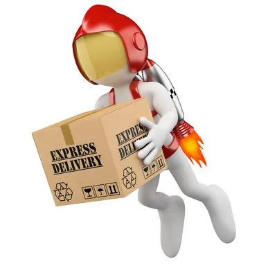 Figur mit rotem Helm und Jetpack trägt einen Karton mit der Aufschrift "Express Delivery".