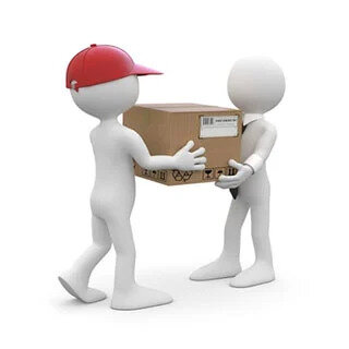 Zwei stilisierte Figuren übergeben ein Paket.