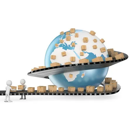 Pakete auf Förderbändern umgeben einen Globus mit zwei stilisierten Figuren, die Pakete tragen.