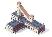 Illustration eines Industriekomplexes mit mehreren Gebäuden, die durch überdachte Brücken verbunden sind.