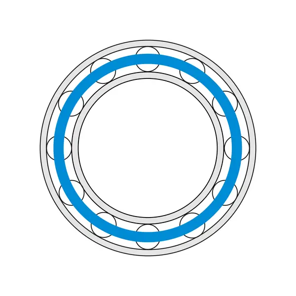 Schematische Darstellung eines Rillenkugellagers mit blau hervorgehobenem Käfig mittig der Kugeln.