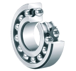 Silbernes, offenes Rillenkugellager mit einem inneren und einem äußeren Ring sowie einem dazwischenliegenden Kugelkranz.