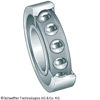 Ein offenes, einreihiges Kugellager mit mehreren Kugeln zwischen zwei Ringen dargestellt.