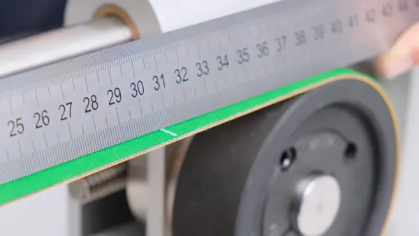 Nahaufnahme eines grünen Antriebsriemens unter einem Metalllineal mit Millimeterskala; die Messmarkierung auf dem Riemen dient zur genauen Längenbestimmung.