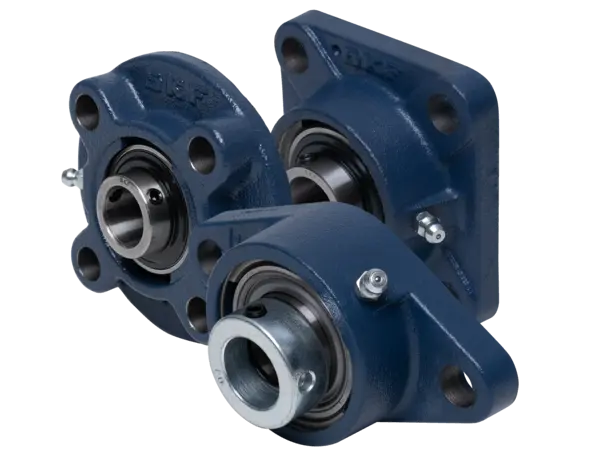 Mehrere blaue Flanschlagereinheiten mit integrierten Lagern und Befestigungsbohrungen.