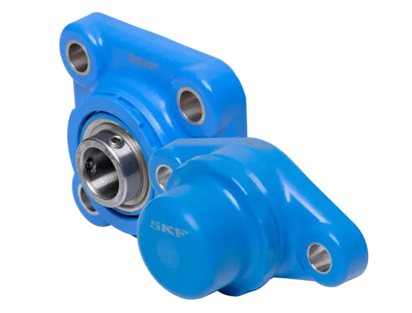 Zwei blaue Flanschlagereinheiten mit integriertem Wälzlager und Schutzkappe.