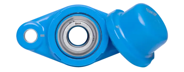 Blaue Flanschlagereinheit mit integriertem Lager und abnehmbarer Schutzkappe.