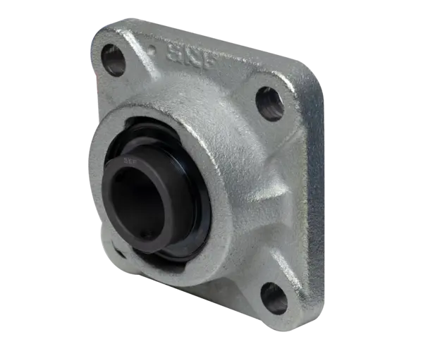 Ein metallisches Spannlager mit Gewindebohrungen zur Wellenbefestigung, seitlich dargestellt