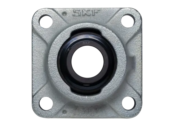 Ein metallisches Spannlager mit Gewindebohrungen zur Wellenbefestigung, seitlich dargestellt