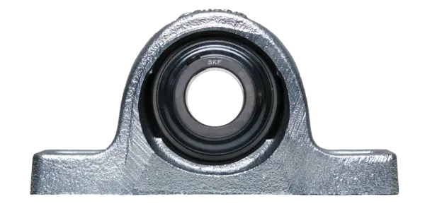 Silbernes Stehlagergehäuse mit integriertem Wälzlager in kompakter Bauform.