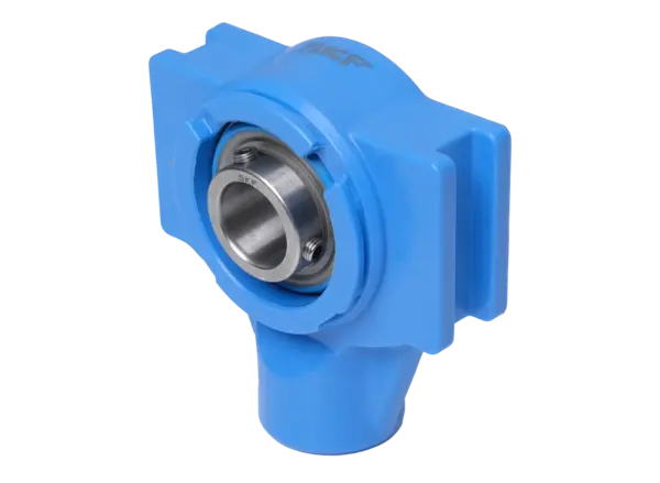 Ein metallisches Spannlager mit Gewindebohrungen zur Wellenbefestigung, seitlich dargestellt