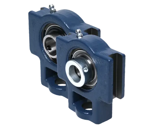 Zwei blaue Spannkopfeinheiten mit integrierten Wälzlagern, eine mit Exzenterspannring und eine mit Gewindebohrungen im verbreiterten Innering.