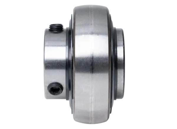 Ein metallisches Spannlager mit Gewindebohrungen zur Wellenbefestigung, seitlich dargestellt