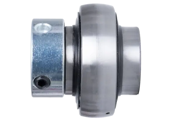 Ein metallisches Spannlager mit Exzenterring zur Wellenbefestigung, seitlich dargestellt