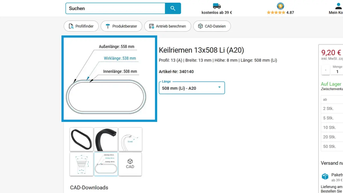 Screenshot des Z24 Online-Shops mit Produktseite für einen Keilriemen 13x508 Li (A20), inklusive Maßangaben zu Außenlänge, Wirklänge und Innenlänge sowie Preisangabe.