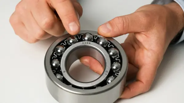 Eine Hand hält ein offenes Kugellager und zeigt auf die eingravierte Modellnummer am Lagerring.