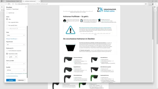 Screenshot einer Druckvorschau des Z24-Dokuments ‚Keilriemen Profilfinder – So geht’s‘. Enthalten sind Hinweise zum Ausdrucken in Originalgröße und eine Übersicht verschiedener Keilriemenarten mit Abbildungen