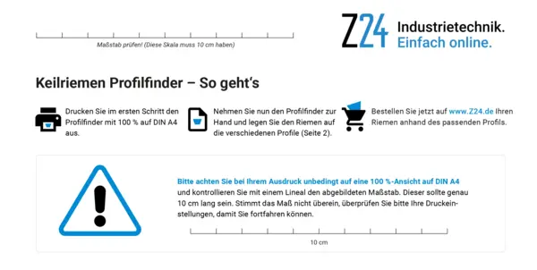 Ausschnitt aus dem Z24-Dokument ‚Keilriemen Profilfinder – So geht’s‘ mit Anleitung zum richtigen Ausdrucken, Maßstabsprüfung und Hinweisen zur Bestimmung des passenden Keilriemenprofils. Oben Maßstabsleiste mit 10 cm.