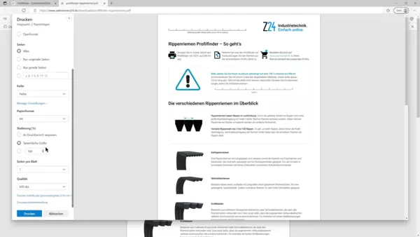 Screenshot einer Druckvorschau des Z24-Dokuments ‚Rippenriemen Profilfinder – So geht’s‘ mit Anleitung zur Maßstabsprüfung und Übersicht verschiedener Rippenriemenarten wie Keilrippenriemen, Weitwinkelriemen und Kraftbänder.