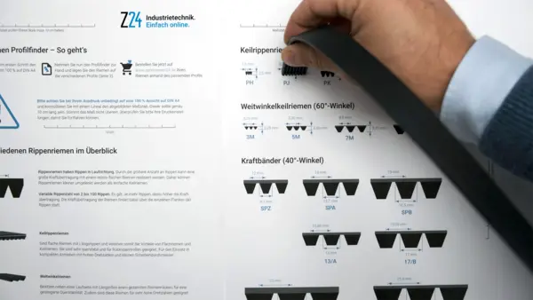 Hand hält einen schwarzen Keilrippenriemen über den Z24 Profilfinder, um das passende Riemenprofil durch Vergleich mit den abgebildeten Profilen zu bestimmen.