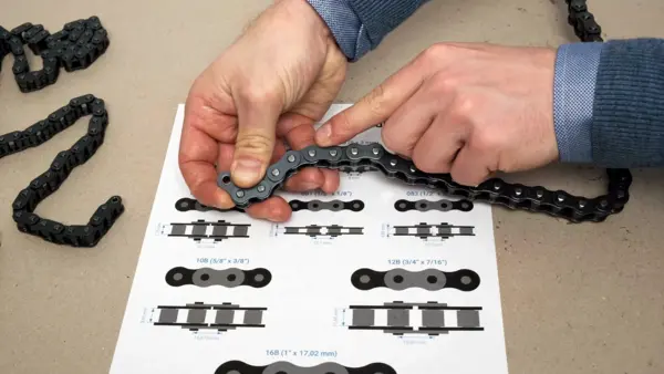 Zwei Hände halten eine Rollenkette über eine Z24-Profilübersicht und vergleichen die Teilung. Ein Finger zeigt auf die Kettenglieder zur Bestimmung der passenden Größe.