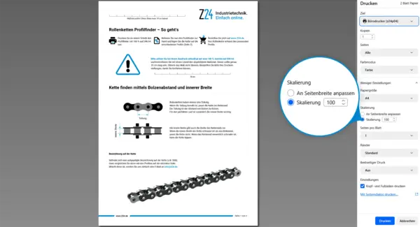 Screenshot einer Druckvorschau eines Z24-Dokuments mit dem Titel ‚Rollenketten Profilfinder – So geht’s‘. Enthalten sind Anleitungen zum Ausdrucken, Maßstabsprüfung sowie Abbildungen zur Bestimmung der Kette anhand Bolzenabstand und innerer Breite