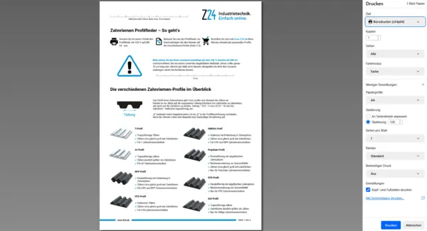 Screenshot einer Druckvorschau eines Dokuments von Z24 Industrietechnik. Auf dem Blatt sind verschiedene Zahnriemen-Profile mit Abbildungen und Beschreibungen im Überblick dargestellt.