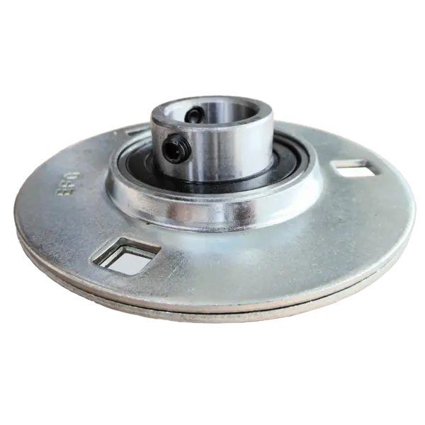 Metallisches Flanschlager mit runder Grundplatte und integrierter Wellenaufnahme. Sichtbar sind zwei Befestigungsöffnungen und die zylindrische Aufnahme für die Welle.