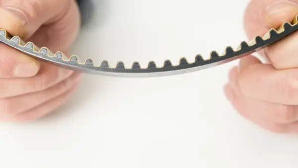 Zwei Hände halten einen schwarzen Zahnriemen mit sichtbarem Zahnmuster in gebogener Form.