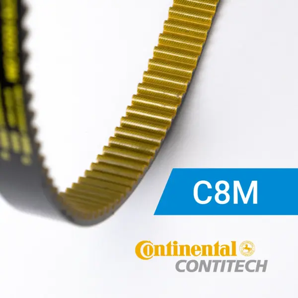 Nahaufnahme eines goldfarbenen Zahnriemens mit trapezförmigem Profil. Beschriftung C8M, darunter das Continental ContiTech-Logo.