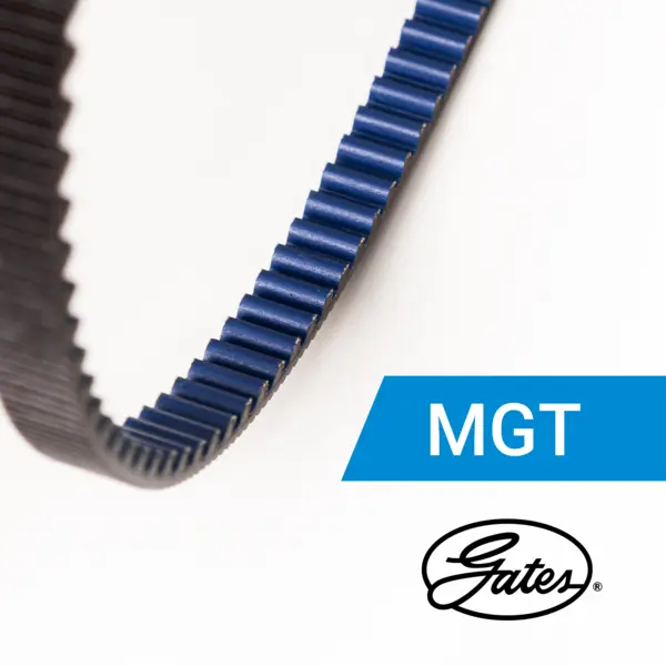 Nahaufnahme eines blauen Zahnriemens mit trapezförmigem Profil. Beschriftung MGT, darunter das Gates-Logo.