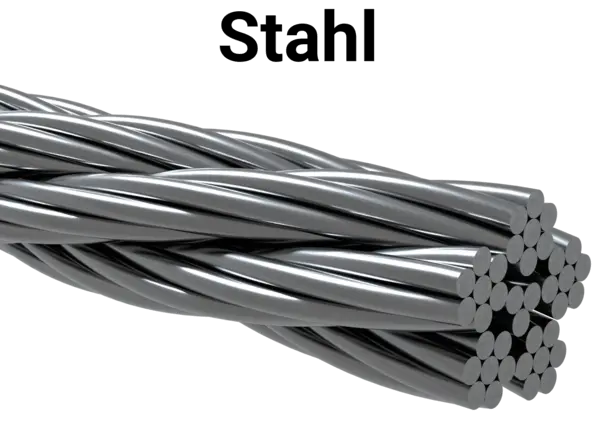 Darstellung eines verdrillten Stahlseils in glänzender silbergrauer Optik, beschriftet mit ‚Stahl‘.