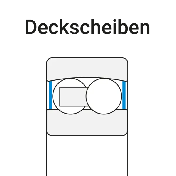 Technische Zeichnung eines Kugellagers mit blau markierten Deckscheiben auf beiden Seiten der Kugeln.