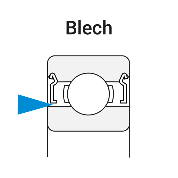 Technische Zeichnung eines Kugellagers mit blau markierter Blech-Deckscheibe.