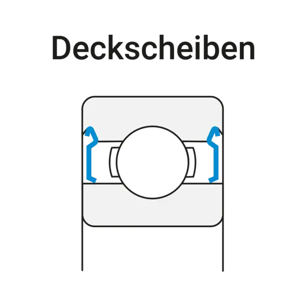 Technische Zeichnung eines Kugellagers mit blau markierten Deckscheiben auf beiden Seiten.