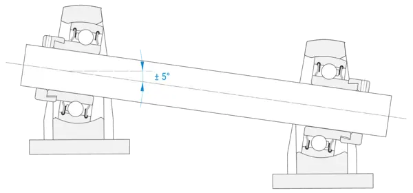 Technische Zeichnung von zwei Lagereinheiten, die eine Welle aufnehmen. Die Welle ist um ±5° schwenkbar dargestellt.