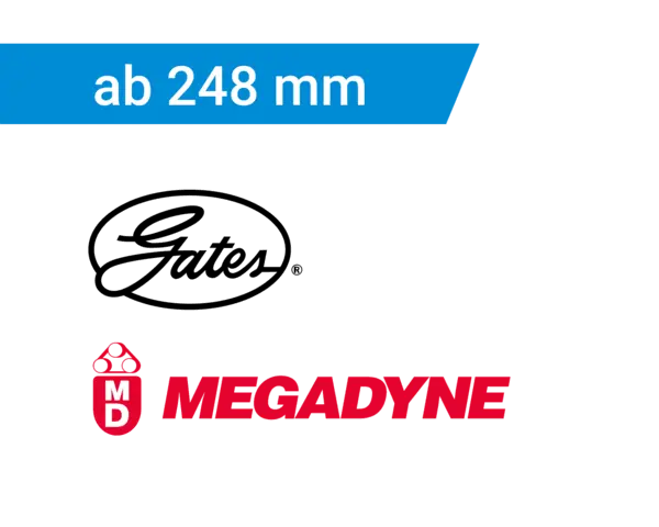 „Grafik mit blauem Banner und weißem Text ‚ab 248 mm‘. Darunter die Logos der Marken ‚Gates‘ (schwarzes ovales Logo mit Schriftzug) und ‚Megadyne‘ (rotes Logo mit Schild und Buchstaben MD sowie Schriftzug ‚MEGADYNE‘ in Großbuchstaben)