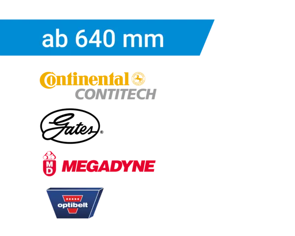 Grafik mit blauem Banner und weißem Text ‚ab 640 mm‘. Darunter die Logos der Hersteller Continental ContiTech (orange und grau), Gates (schwarzes ovales Logo), Megadyne (rotes Schild mit MD und Schriftzug) sowie Optibelt (blaues Logo mit rotem Dreieck)