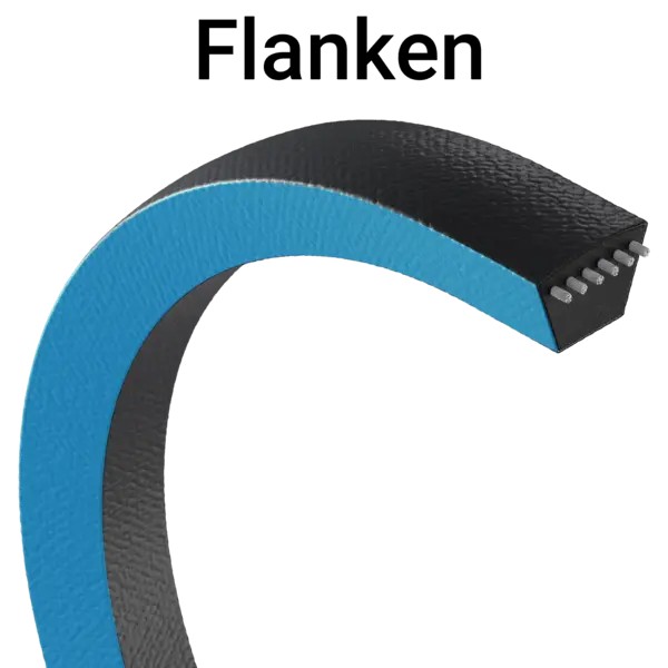 Grafische Darstellung eines Zahnriemens im Querschnitt, bei dem die Flanken in Blau hervorgehoben sind, um die Seitenbereiche des Riemens zu verdeutlichen.