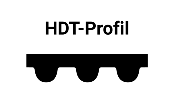 Darstellung eines HTD-Zahnriemenprofils mit flacher Oberseite und gleichmäßig gerundeten, halbkreisförmigen Zähnen; darüber die Beschriftung ‚HDT-Profil‘.