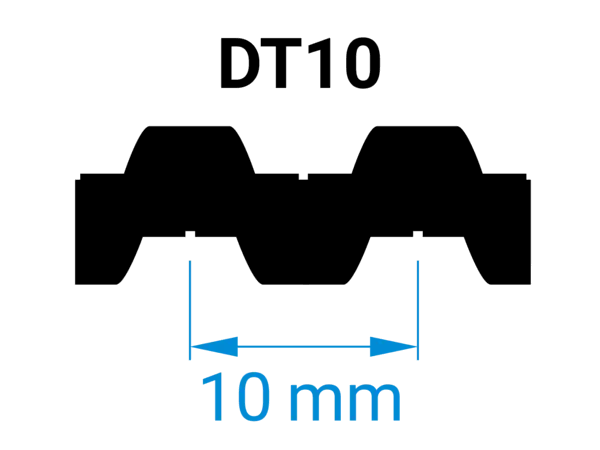 Schematische Darstellung eines DT10-Zahnprofils mit trapezförmigen Zähnen. Unten markiert: 10 mm Zahnabstand.