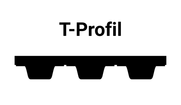 Darstellung eines T-Zahnriemenprofils mit flacher Oberseite und trapezförmigen, geradlinigen Zähnen; darüber die Beschriftung ‚T-Profil‘.