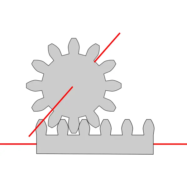 Schematische Darstellung eines Zahnrads, das in eine Zahnstange eingreift, mit zwei roten Linien zur Demonstration der Bewegungsrichtung und der Kraftübertragung.