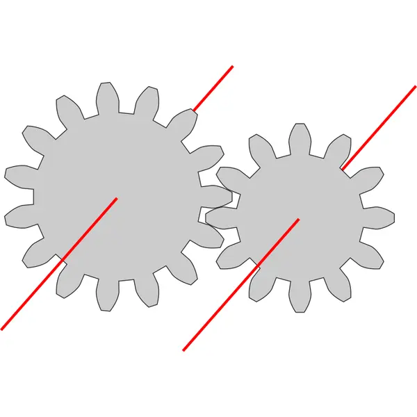 Schematische Darstellung zweier unterschiedlich großer Zahnräder mit überlagerten roten Linien in der Mitte, die den Rotationsachsen entsprechen.