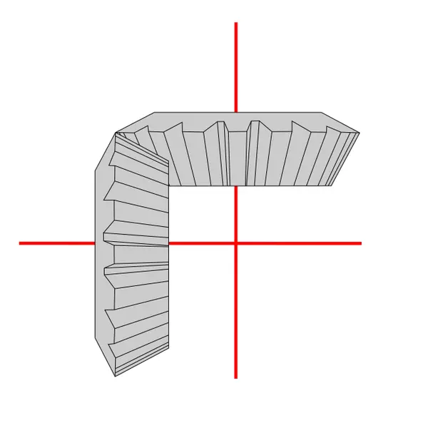 Schematische Darstellung zweier rechtwinklig angeordnete Kegelräder mit roten Achsenkreuzlinien.