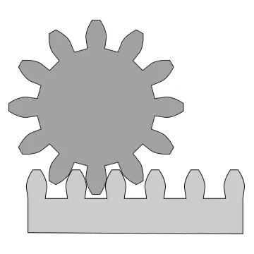 Zahnrad greift in eine Zahnstange ein; einfache schematische Darstellung.