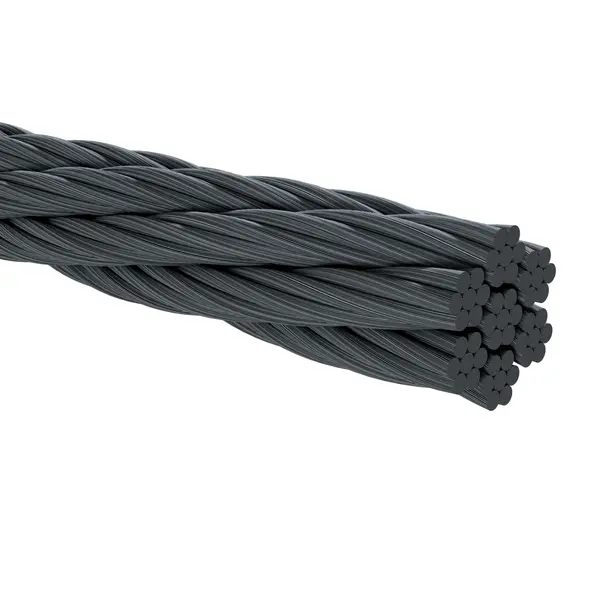 Ein Bündel dunkelgrauer, ineinander verwobener Carbonfasern, dargestellt als dichter Strang.
